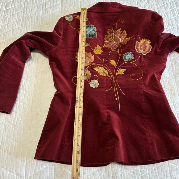 CAbi Women’s The Poet Velvet Embroidered Blazer Burgundy Cotton Blend | Size 8 - Picture 13 of 14